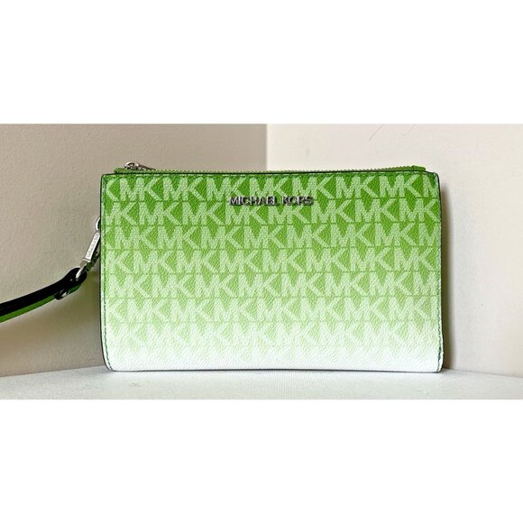 New Michael Kors Jet Set Travel Double Zip Wristlet Wallet Jungle Green - Picture 3 of 5